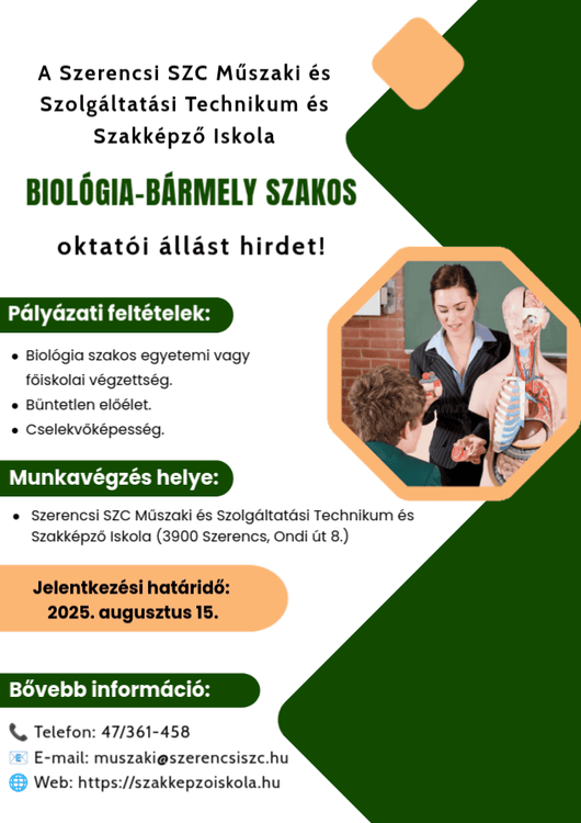 Biológia-bármely szakos oktatói állás