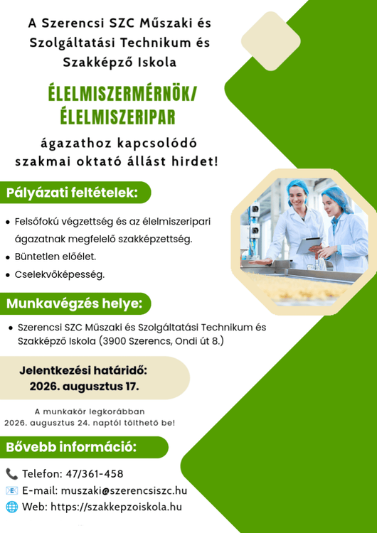 Élelmiszer mérnők / oktató pályázat