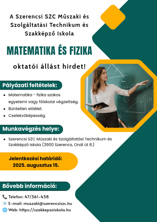 Matematika és fizika szakos oktatói állás